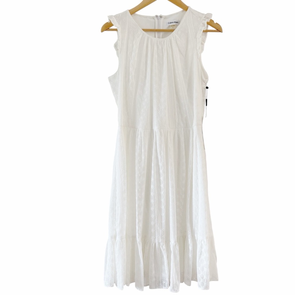 New CALVIN KLEIN White Dress Sleeveless Eyelet Fit and Flare NWT Women’s Size 8